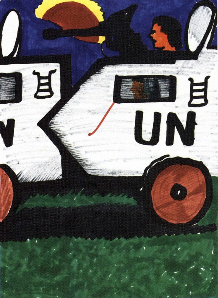 A felt pen drawing of a scene of a soldier in a military tank.