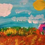 A painting of garden against a bright blue sky.