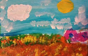 A painting of garden against a bright blue sky.