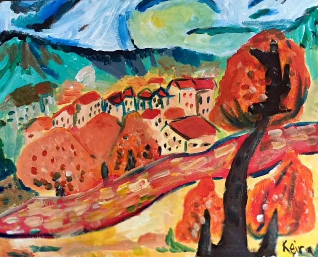 A whimsical painting of a town during autumn.