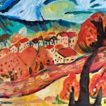 A whimsical painting of a town during autumn.