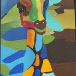 A colourful, geometric painting of a giraffe.