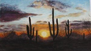 A chalk pastel drawing of saguaros at sunset.
