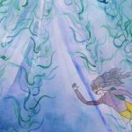 A watercolour painting of a girl diving in the ocean.