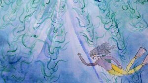 A watercolour painting of a girl diving in the ocean.