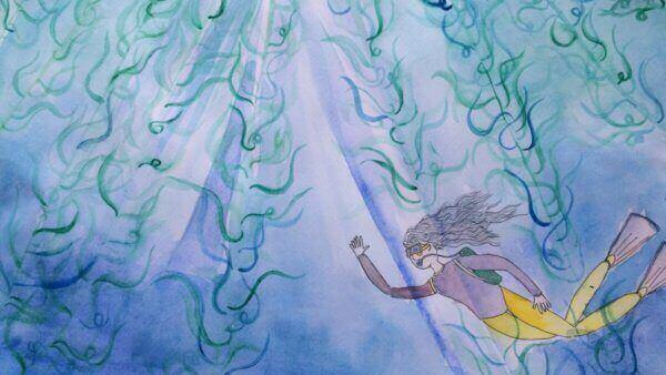A watercolour painting of a girl diving in the ocean.