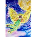 A felt and paint image of a boy flying in outer space.