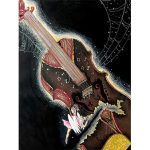 A painting of a fairy perched on a violin.