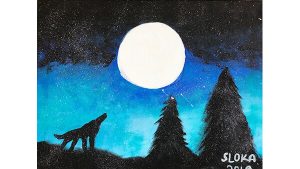 A painting of a fox silhouetted in the night, howling at a full moon.
