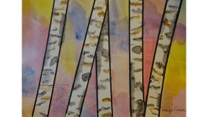 A watercolour painting of birch trees against a colourful background.