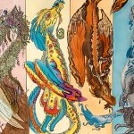 A felt drawing of four dragons that each represent a season.