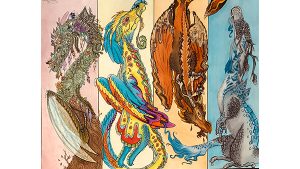 A felt drawing of four dragons that each represent a season.