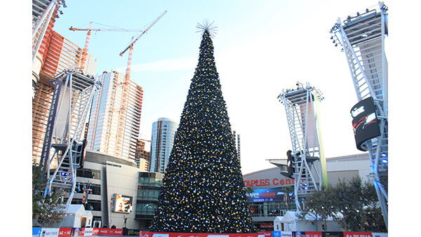 A photograph of a Christmas tree in the middle of a city.