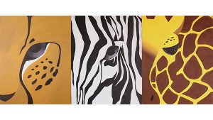 Three close-up paintings of African animals.