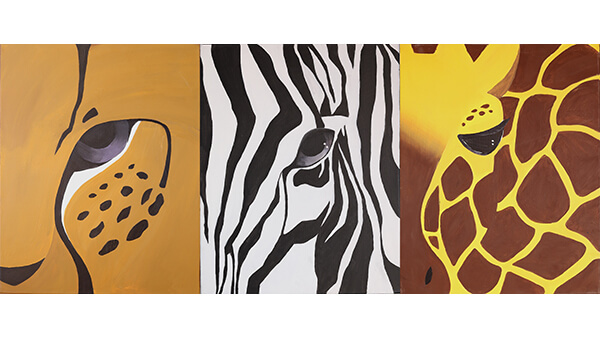 Three close-up paintings of African animals.
