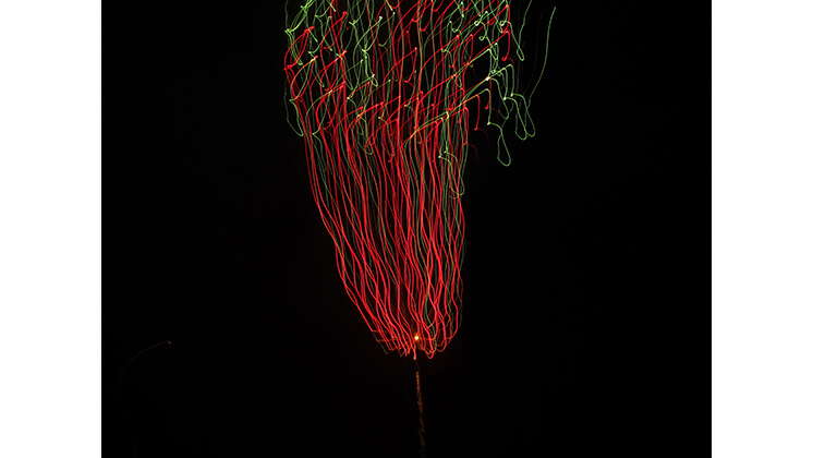 A photograph of a red-and-green firework.