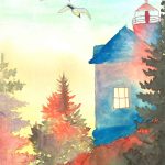 A watercolour painting of two birds flying towards a lighthouse.