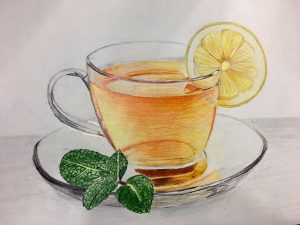 A realistic pencil crayon drawing of a cup of tea.