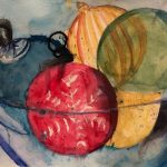 A watercolour painting of a bowl of fruit.