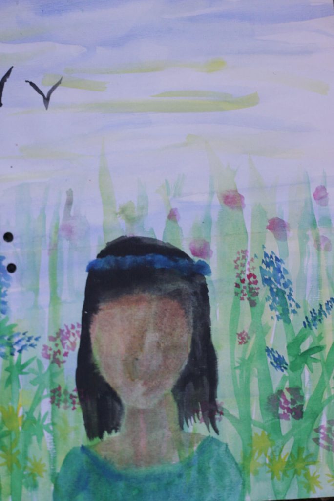 A watercolour painting of a dryad in a flower garden.