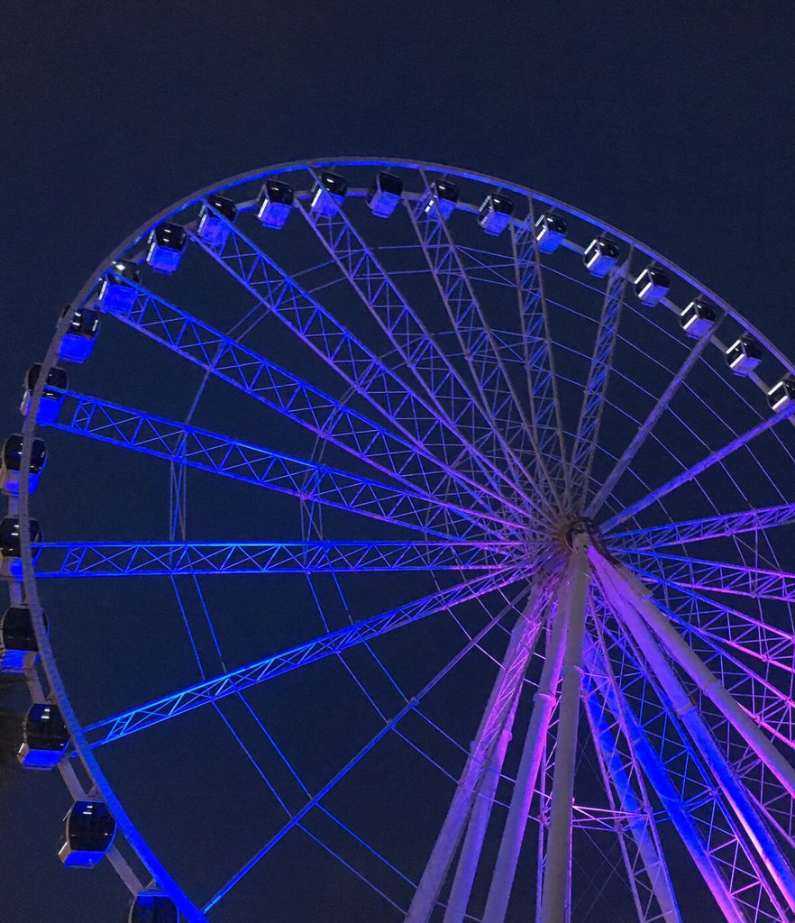 A photograph of a Ferris wheel, lit up at night.