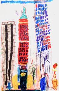 A whimsical, multimedia drawing of New York City.