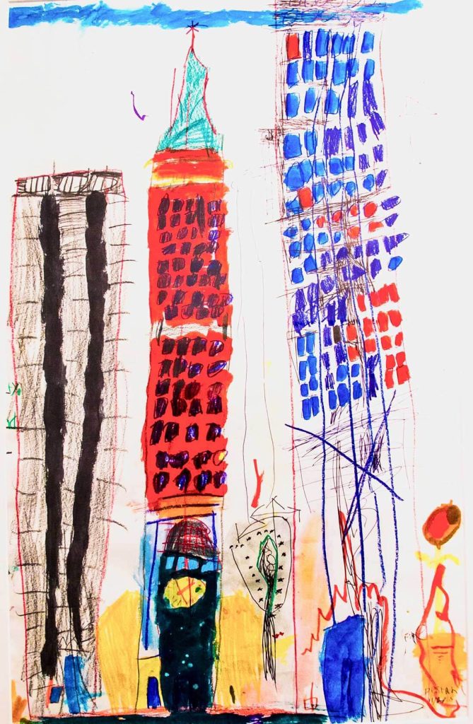 A whimsical, multimedia drawing of New York City.