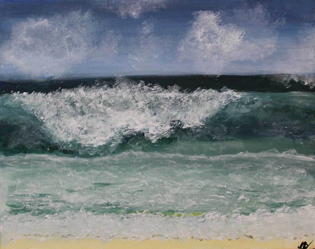 An acrylic painting of a crashing wave in the ocean.