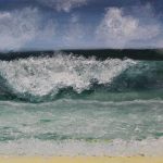 An acrylic painting of a crashing wave in the ocean.