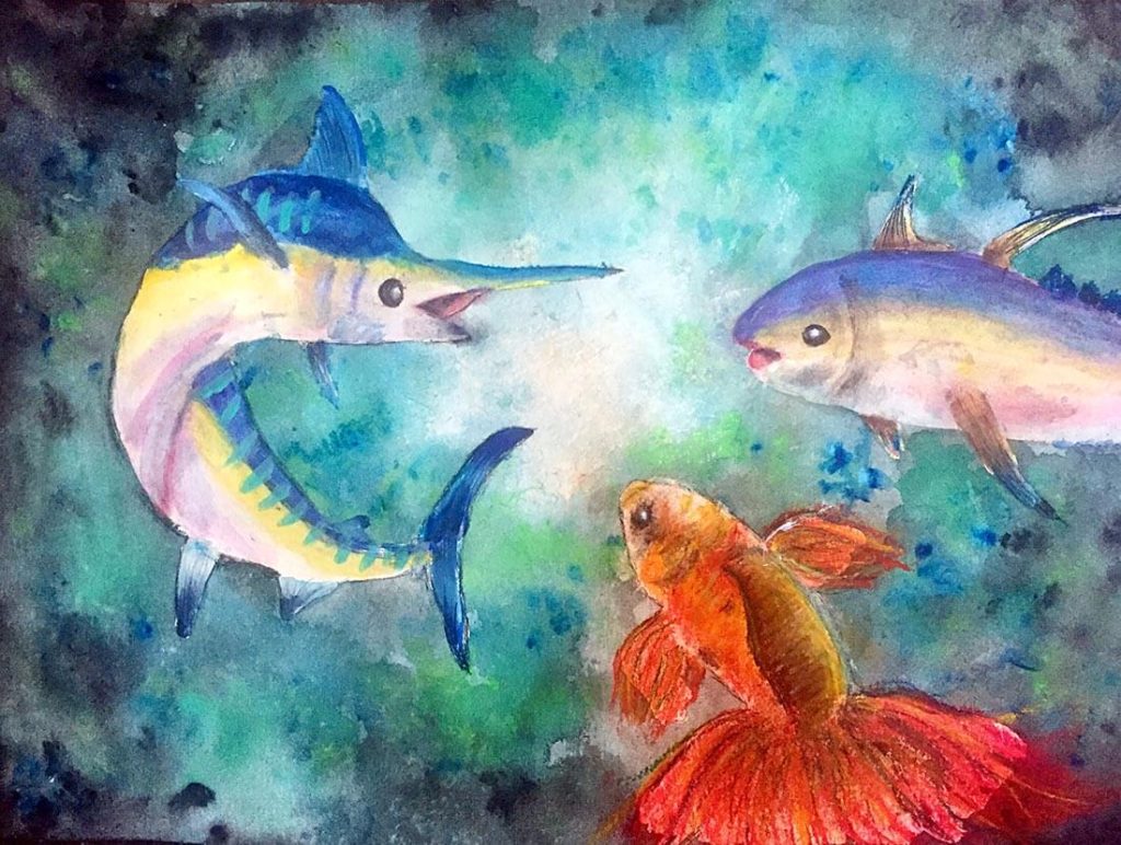 A watercolour painting of three brightly coloured fish.