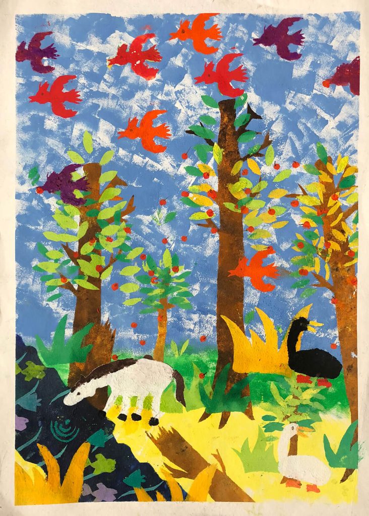 Acrylic painting of colorful fall forest scene with horses, geese, and birds in the sky.