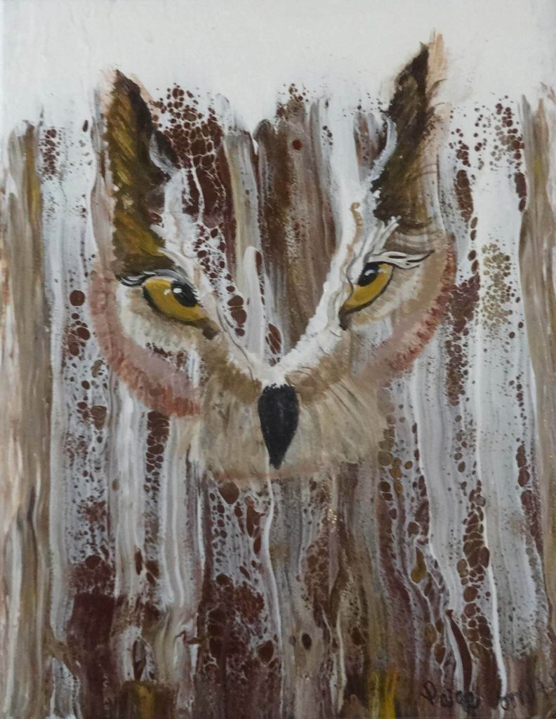 An acrylic painting of an owl with captivating yellow eyes.