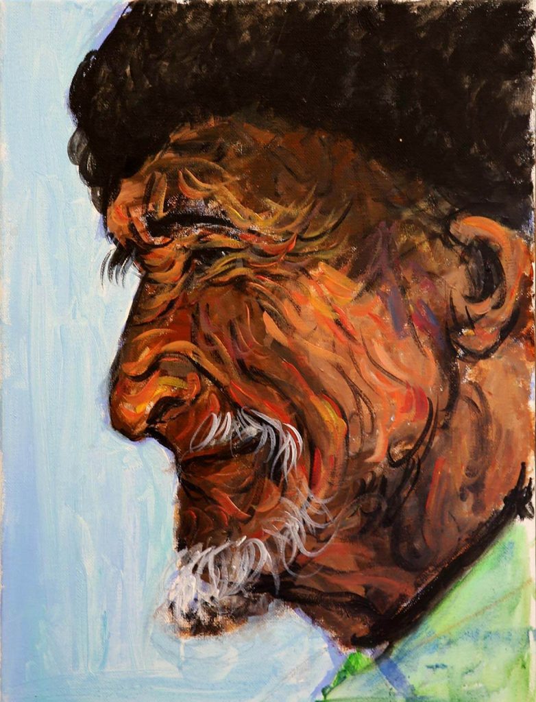 An acrylic painting of a wrinkled old man’s side profile.