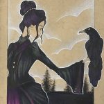 A pencil crayon and felt drawing of a bird perched on a witch’s hand.