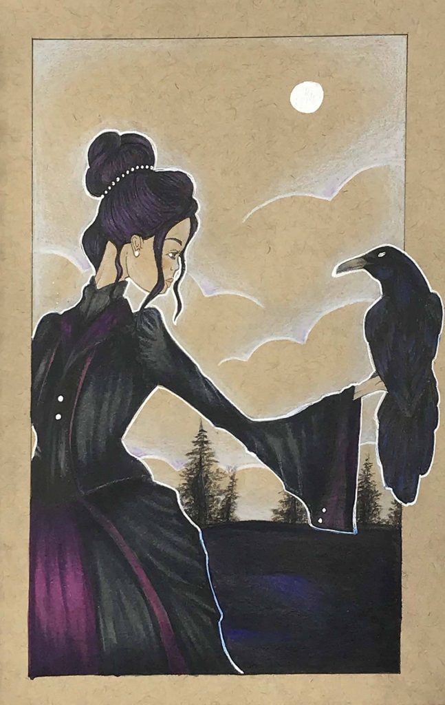 A pencil crayon and felt drawing of a bird perched on a witch’s hand.