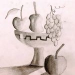 A pencil drawing of a fruit basket.