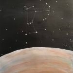 An acrylic painting of the planet Jupiter surrounded by constellations.
