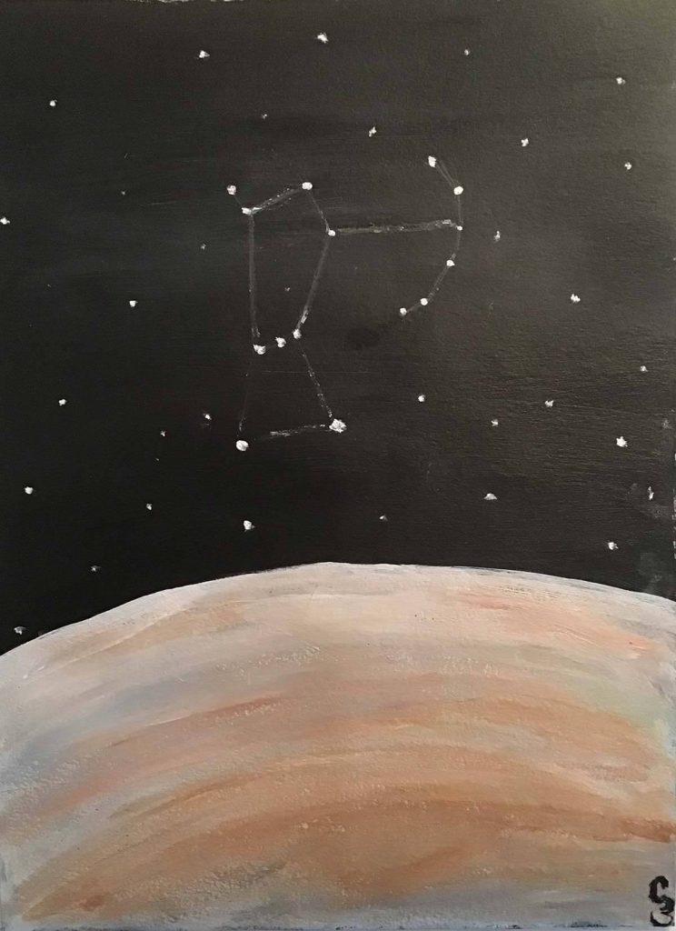 An acrylic painting of the planet Jupiter surrounded by constellations.