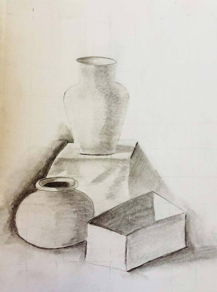 A pencil drawing of some pottery vases and boxes.