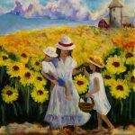 An acrylic painting of a family in a field of sunflowers.