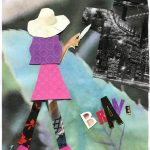 Collage of woman facing a cityscape.