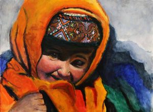 An acrylic painting of a girl wearing an orange headscarf.