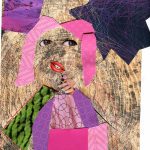 A collage of a woman, using magazine clippings arranged on a tree stump.