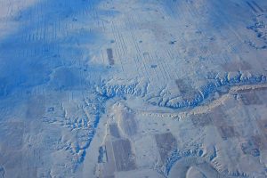 An aerial photograph of a snowy landscape.