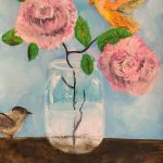 An acrylic painting of birds visiting two roses in a vase.
