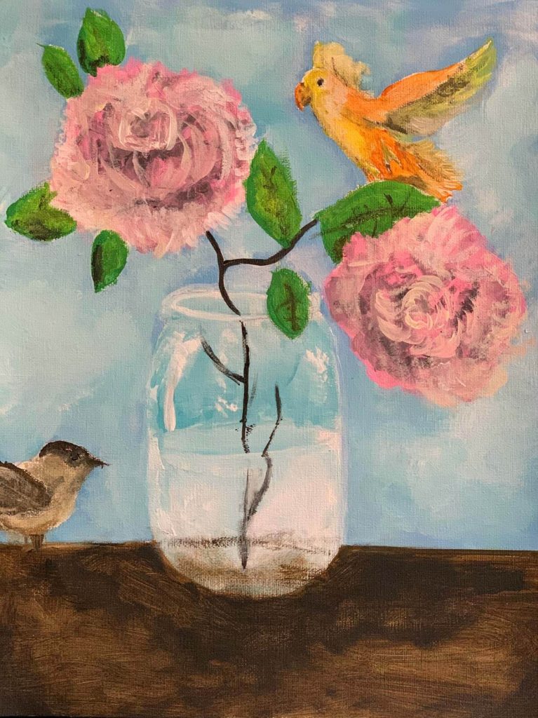 An acrylic painting of birds visiting two roses in a vase.