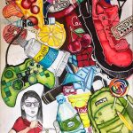 A felt drawing of assorted objects, such as a shoe and a slice of pizza, jumbled together on the page.