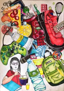 A felt drawing of assorted objects, such as a shoe and a slice of pizza, jumbled together on the page.