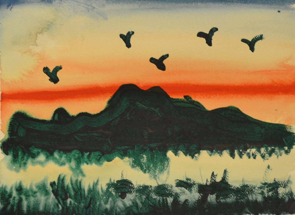 A watercolour painting of birds flying over an island.