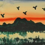 A watercolour painting of birds flying over an island.